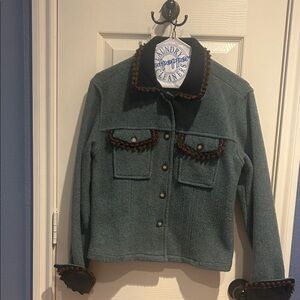 Stylish Slate Blue Jacket with Brown and Black Trim